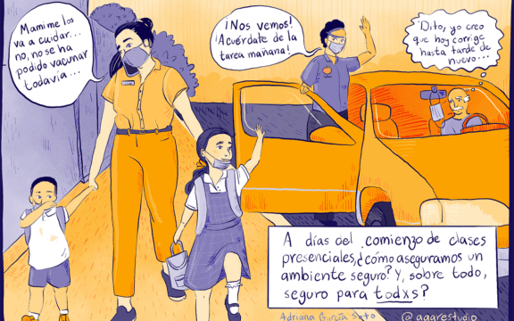 Ilustración madre busca a sus hijos a la escuela en medio de la pandemia por COVID-19, por Agar estudio, Adriana García Soto