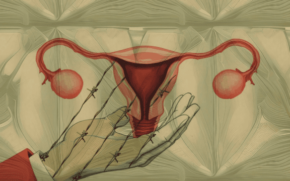 Ilustración de un útero sobre una mano.